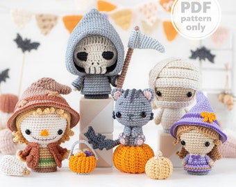 Halloween Minis set 3 de la collection « AradiyaToys Minis » / patrons au crochet par AradiyaToys (fichier PDF tutoriel Amigurumi) épouvantail de sorcière