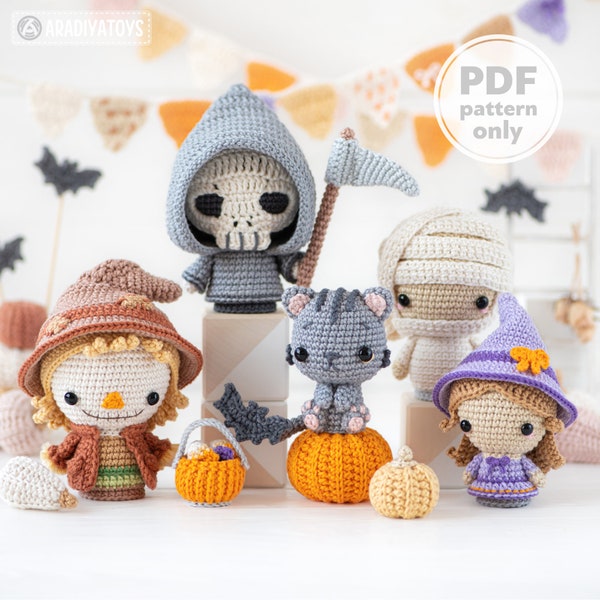 Halloween Minis set 3 de la colección “AradiyaToys Minis” / patrones de crochet de AradiyaToys (tutorial de Amigurumi archivo PDF) espantapájaros bruja