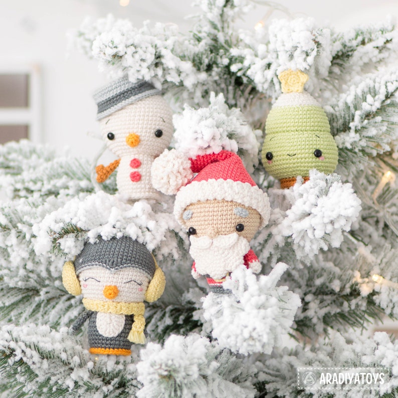 Christmas Ornaments Crochet Pattern Mini Amigurumi Set Santa Penguin Snowman Christmas Tree Xmas Decorations AradiyaToys Tutorial PDF file image 3