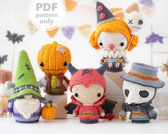 May include: A collection of five crocheted amigurumi figures including a green gnome, an orange pumpkin character, a red devil, a clown with a balloon, and a plague doctor. The image includes the text PDF pattern only and ARADIVATOYS.