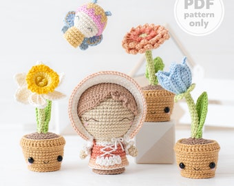 Modèle de fleurs au crochet amigurumi bouquet campanule, narcisse, gerbera, jonquille, fleurs dans des pots motif papillon PDF Mini royaume kawaii