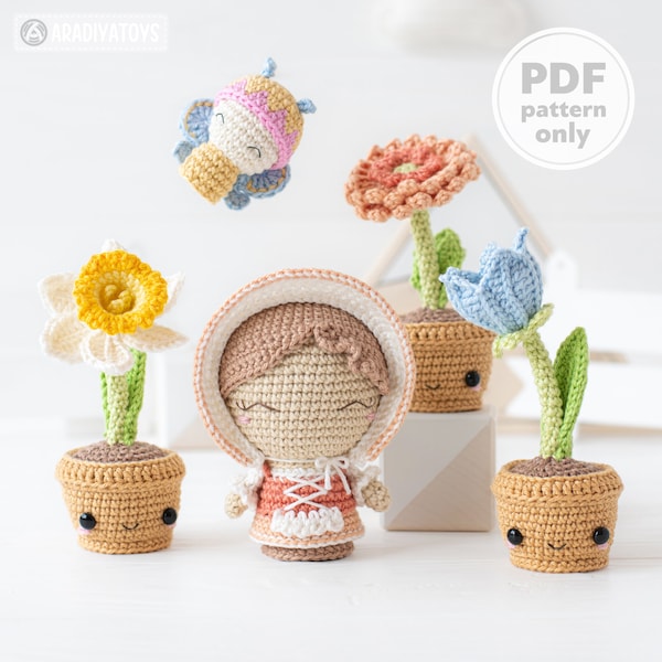 Modèle de fleurs au crochet amigurumi bouquet campanule, narcisse, gerbera, jonquille, fleurs dans des pots motif papillon PDF Mini royaume kawaii