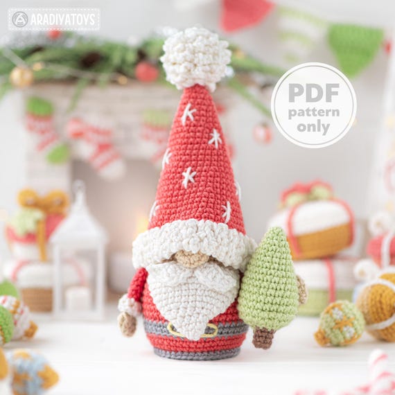 Christmas gnome crochet pattern amigurumi tutorial AradiyaToys holidays decor mini gnomes ornament xmas festive DIY lesson PDF digital file