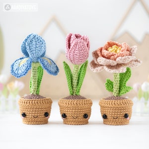 Modèle de fleurs au crochet amigurumi bouquet iris, pivoine, tulipe, fleurs dans des pots modèle coccinelle kawaii nain de jardin secret tutoriel fichier PDF image 5