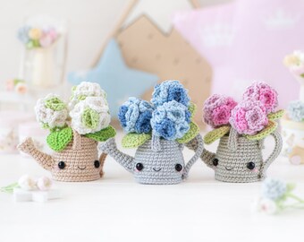 かぎ針編みの花のパターン：じょうろに入ったあみぐるみアジサイ（PDF