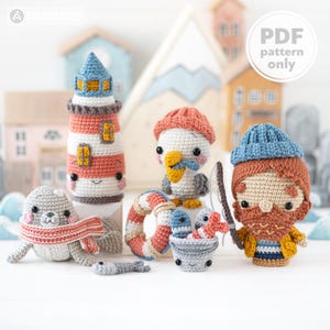 5-in-1 Lighthouse Island Häkelanleitung „Mini Kingdom“ Kollektion von AradiyaToys (Amigurumi PDF-Datei) Leuchtturm Robbe Pelikan Fisch
