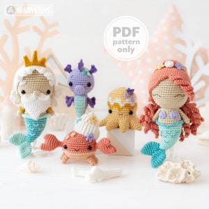 5-in-1 crochet pattern for Kawaii Ocean Minis from “AradiyaToys Minis” (Amigurumi tutorial PDF file) DIY crochet mermaid amigurumi seahorse