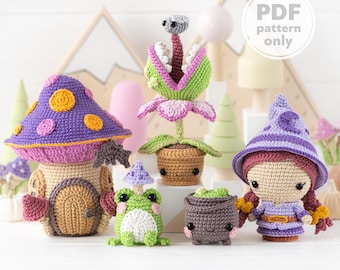 5-in-1 Midnight Swamp crochet pattern “Mini Kingdom” collection halloween AradiyaToys Amigurumi tutorial PDF file witch frog venus fly trap