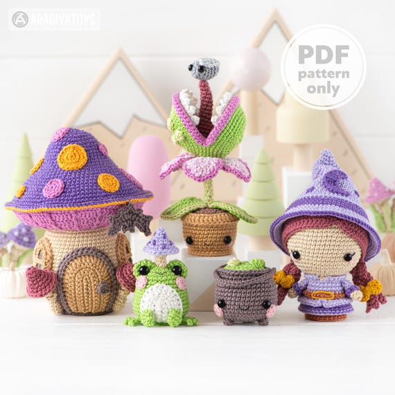 5-in-1 Midnight Swamp crochet pattern “Mini Kingdom” collection halloween AradiyaToys Amigurumi tutorial PDF file witch frog venus fly trap