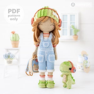 crochet doll pattern amigurumi doll SADIE with Melody Dino by AradiyaToys (tutorial PDF file) overalls handmade DIY dolls crochet patterns