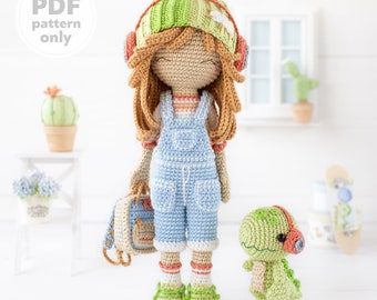 Crochet Doll Pattern for Amigurumi Doll Sadie with Melody Dino by AradiyaToys (tutorial PDF file) overalls, handmade DIY Amigurumi Pattern