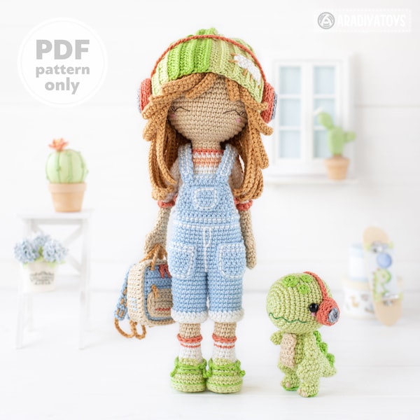 Crochet Doll Pattern for Amigurumi Doll Sadie with Melody Dino by AradiyaToys (tutorial PDF file) overalls, handmade DIY Amigurumi Pattern