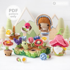 16-in-1 haakpatroonbundel met bloemenveld (PDF): amigurumi, minikoninkrijk, bloemenmeisje, kabouter, kolibrie, wilde bloemen, handgemaakte doe-het-zelf handleiding.