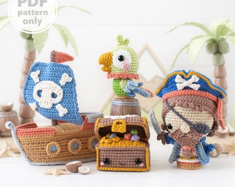 La Isla del Tesoro de la colección “Mini Kingdom” / patrones de crochet de AradiyaToys (archivo PDF tutorial de Amigurumi), pirata, barco, loro, cofre