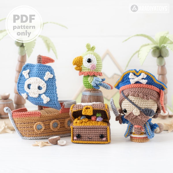 La Isla del Tesoro de la colección “Mini Kingdom” / patrones de crochet de AradiyaToys (archivo PDF tutorial de Amigurumi), pirata, barco, loro, cofre