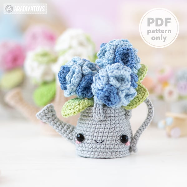 Häkelblume Muster Amigurumi Hortensie in Gießkanne Kawaii Amigurumi Muster von AradiyaToys ebook Anleitung PDF Datei