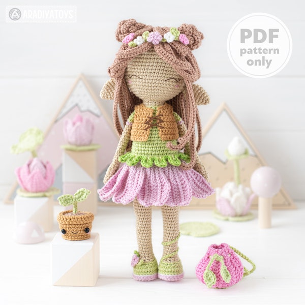 Amigurumi Crochet Doll Pattern LUNA with Kawaii Sprout by AradiyaToys collection tutorial PDF file, elf crochet pattern doll dress