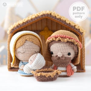 Zestaw wzorów szydełkowych 4 w 1 na szopkę Maryja Dzieciątko Jezus Józef Stajnia DIY Mini wzory amigurumi na Boże Narodzenie Samouczek na temat sceny szopki Plik PDF
