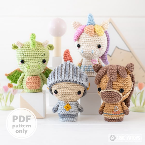 Mini Amigurumi Patrón De Ganchillo Juguetes Set Unicornio Caballero Dragón Caballo Ganchillo Patrón Animal Mini Reino por AradiyaToys Tutorial Archivo PDF DIY