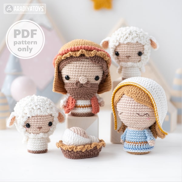 Nativity Crochet Pattern Set Christmas Mini Amigurumi Mary, Joseph, Baby Jesus, Sheep Nativity Scene DIY AradiyaToys (Tutorial PDF file)