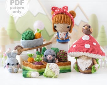 Wzór na szydełkowanie 5 w 1 na grządkę warzywną amigurumi autorstwa AradiyaToys mini kingdom mushroom gnome samouczek na szydełkowanie plik PDF DIY bunny garden girl