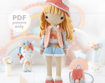 Amigurumi Crochet Doll Pattern pour Friendy Mika avec Rainbow Unicorn de la collection « AradiyaToys Friendies » (tutoriel fichier PDF) poupée moderne
