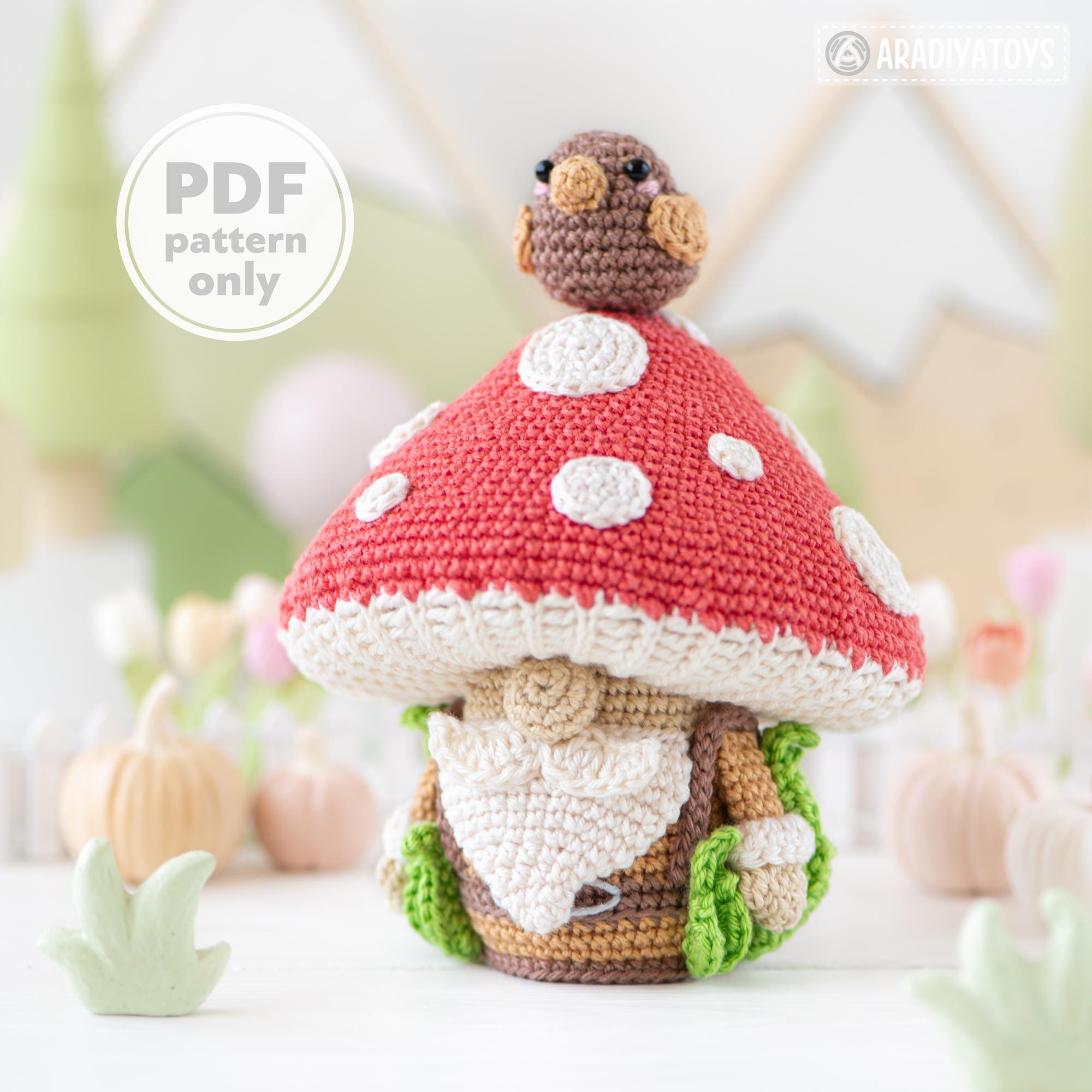 amigurumi paddestoel kabouter haakpatroon van AradiyaToys mini koninkrijk kabouters haak DIY tutorial pdf-bestand handgemaakt kabouter amigurumi patroon