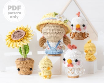 Amigurumi Animales de Granja Patrón de Ganchillo Mini Juguetes Set de 4, Gallina, Pollo, Girasol, Niña Granjera, Mini Reino Amigurumi Tutorial AradiyaToys