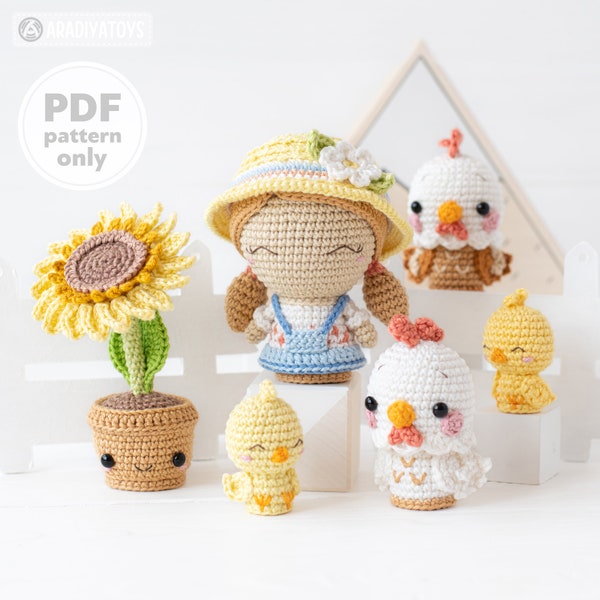 Amigurumi Bauernhof Tiere Häkelanleitung Mini Spielzeug 4er Set, Henne, Huhn, Sonnenblume, Bauernmädchen, Mini Kingdom, Amigurumi Tutorial AradiyaToys