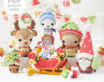 Modèle de crochet de Noël Mini Amigurumi Set Gnome Santa Sleigh Elf Cerf Arbre de Noël Ours DIY Décorations Ornement (Tutoriel fichier PDF)