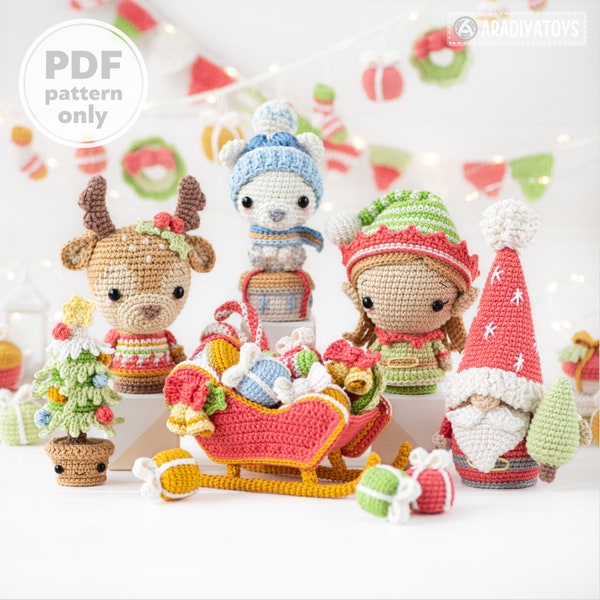 Modèle de crochet de Noël Mini Amigurumi Set Gnome Santa Sleigh Elf Cerf Arbre de Noël Ours DIY Décorations Ornement (Tutoriel fichier PDF)