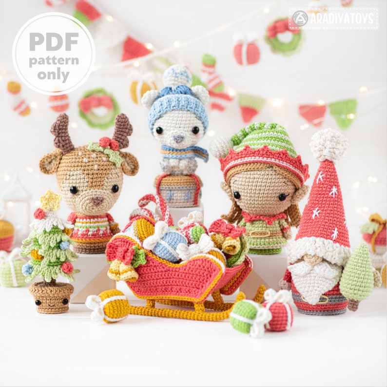 Christmas Crochet Pattern Mini Amigurumi Set Gnome Santa Sleigh Elf Deer Christmas Tree Bear DIY Decorations Ornament Tutorial PDF file image 1