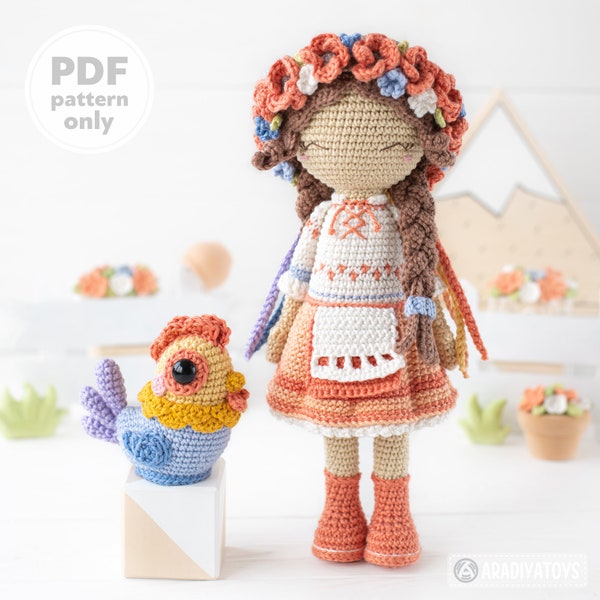 Crochet Doll Pattern for Amigurumi Doll LESIA by AradiyaToys Tutorial PDF file Ukrainian Doll in Dress handmade DIY Amigurumi Pattern Wreath