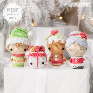 Mini ensemble de motifs de Noël au crochet Amigurumi, elfe, Mme Claus, bonhomme en pain d'épice, décorations de Noël, ornements AradiyaToys (fichier PDF du tutoriel)