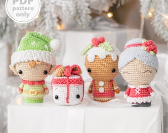 Mini ensemble de motifs de Noël au crochet Amigurumi, elfe, Mme Claus, bonhomme en pain d'épice, décorations de Noël, ornements AradiyaToys (fichier PDF du tutoriel)