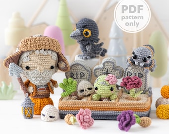 4-in-1 halloween night crochet pattern graveyard amigurumi tutorial AradiyaToys mini kingdom DIY raven spider zombie howto digital PDF file