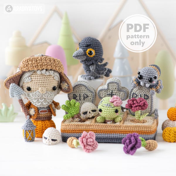 Wzór szydełkowy 4 w 1 na noc Halloween, samouczek na cmentarz amigurumi, AradiyaToys, mini królestwo DIY, kruk, pająk, zombie, instrukcja, plik cyfrowy PDF