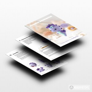 May include: Image of a crochet pattern titled "Kawaii Seahorse" by AradiyaToys. The pattern includes instructions and diagrams for assembling a small, purple and blue seahorse. The seahorse is shown in a finished form on the cover.
