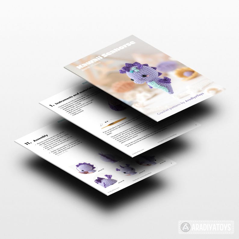 May include: Image of a crochet pattern titled "Kawaii Seahorse" by AradiyaToys. The pattern includes instructions and diagrams for assembling a small, purple and blue seahorse. The seahorse is shown in a finished form on the cover.