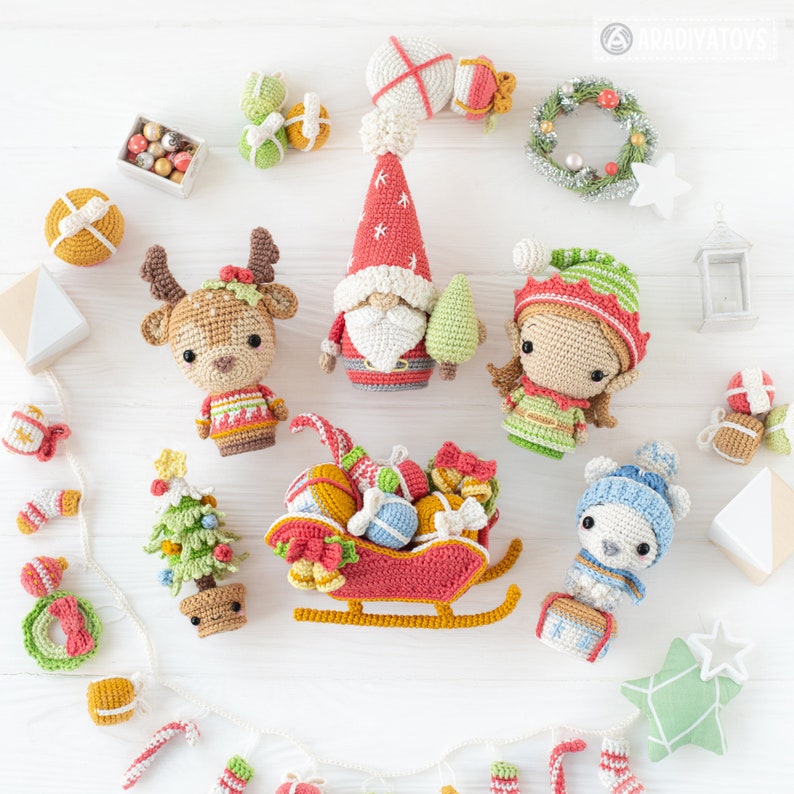 Christmas Crochet Pattern Mini Amigurumi Set Gnome Santa Sleigh Elf Deer Christmas Tree Bear DIY Decorations Ornament Tutorial PDF file image 6