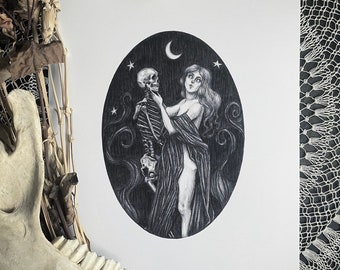 May include: A black and white drawing of a woman embracing a skeleton in a dark, moonlit setting. The woman is wearing a long, flowing gown and has long, flowing hair. The skeleton is holding a flower in its hand. The drawing is surrounded by a dark, swirling background.