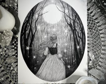 May include: A black and white drawing of a woman walking through a forest at night. The woman is wearing a long dress and has long hair. The moon is shining brightly in the sky, and there are stars in the background.