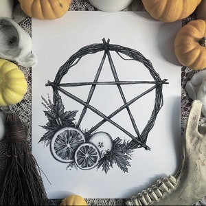 Samhain Wreath - Fine Art Print - Autumn - Fall Harvest Festival - Pentacle Wreath - Altar - Witchcraft Sabbath