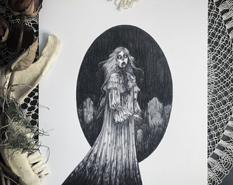 May include: A black and white illustration of a woman in a long white dress standing in a dark, circular frame. The woman has long, dark hair and a pale face with a look of fear or sadness. The background is a dark, shadowy forest.