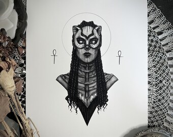 May include: Black and white pen and ink drawing of a woman wearing a cat mask with an ankh symbol on either side of her head. The woman is wearing a collared shirt with a geometric pattern.