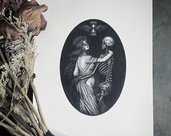 May include: A black and white illustration of a woman dancing with a skeleton. The woman is wearing a flowing dress and the skeleton is holding an hourglass. The image is set against a dark background.