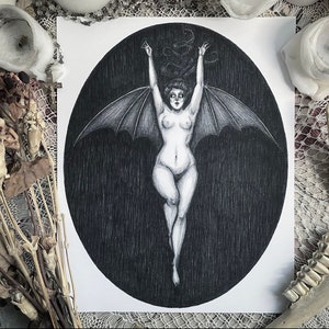 La Femme Chauve-Souris - Fine Art Print - The Bat Woman - Siren - Succubus - Vampire - Dark Art - Gothic Illustration