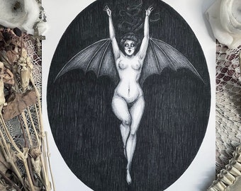 La Femme Chauve-Souris - Fine Art Print - The Bat Woman - Siren - Succubus - Vampire - Dark Art - Gothic Illustration