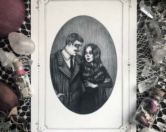 Gomez & Morticia Card - 5x7” Double Sided Card - Addams Family - Gothic Love - Goth Valentine - Anniversary
