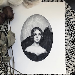 Mary Shelley - Fine Art Print - Frankenstein - Gothic Literature - Author Portrait - Dark Art - Illustration